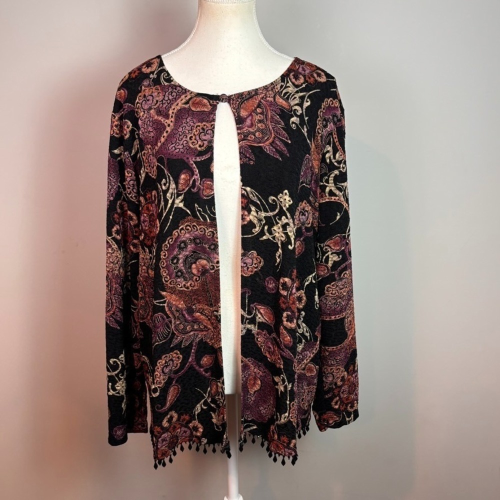 dressbarn Womens dark floral textured open front stretch beaded hem blouse 14/16